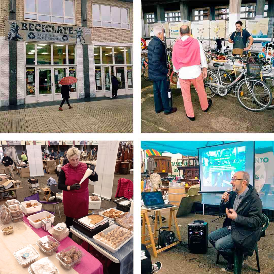 collage feria de reciclaje, consumo responsable, producto local, charla sobre movilidad